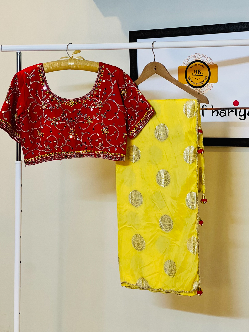 Bright Yellow Silk Saree & Real Mirror Work Blouse in Red