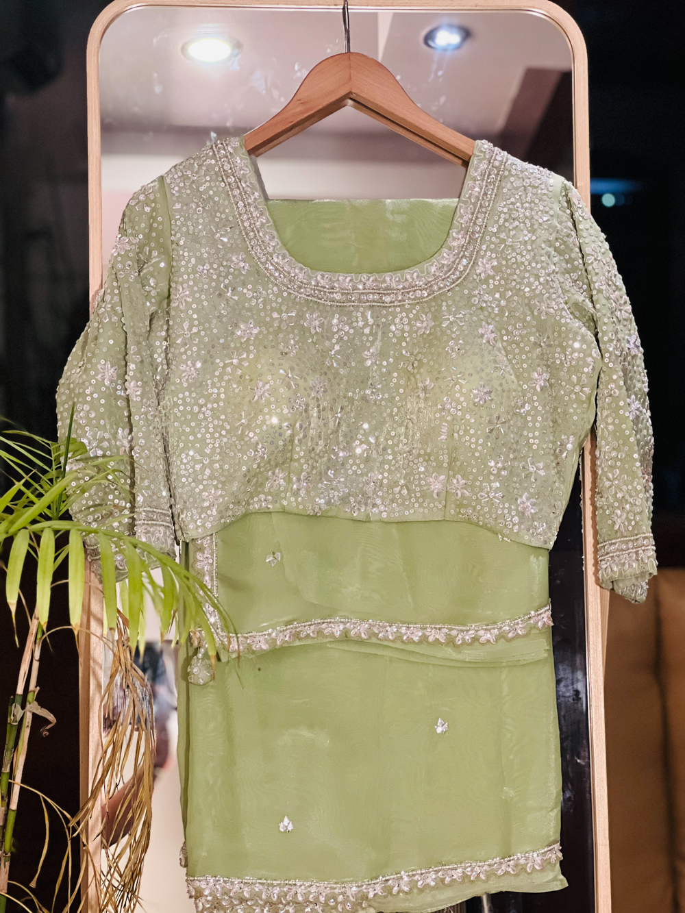 House of Hariya: Enchanting Green Saree & Sparkling Sequin Blouse