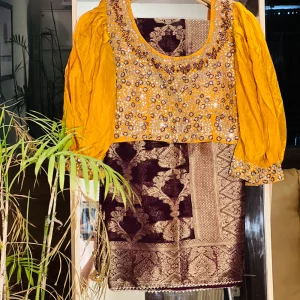 House of Hariya: Maroon Balloon Sleeve Blouse & Yellow Saree