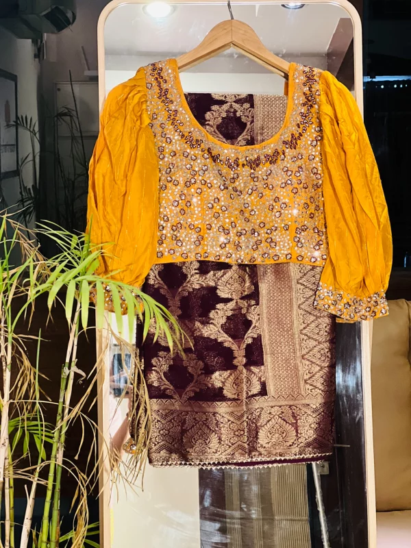 House of Hariya: Maroon Balloon Sleeve Blouse & Yellow Saree