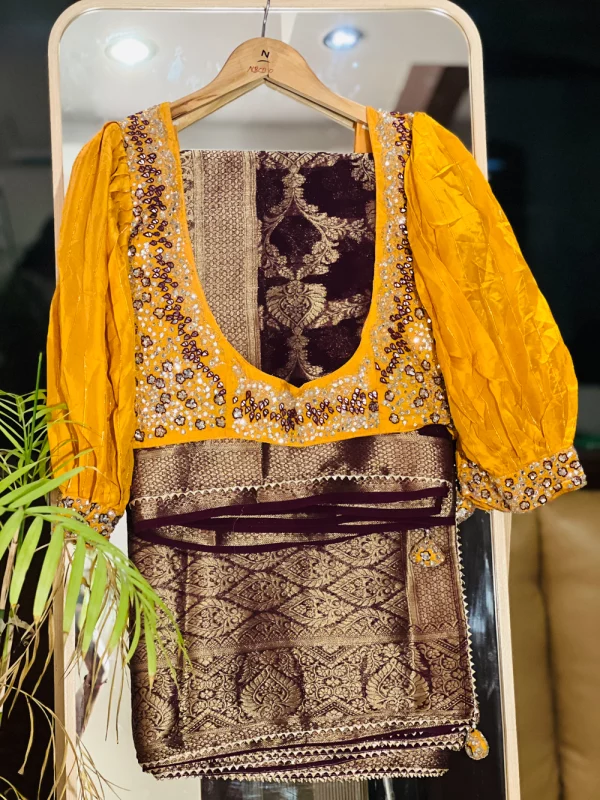 Banarasi Silk Saree & Maroon Balloon Sleeve Blouse