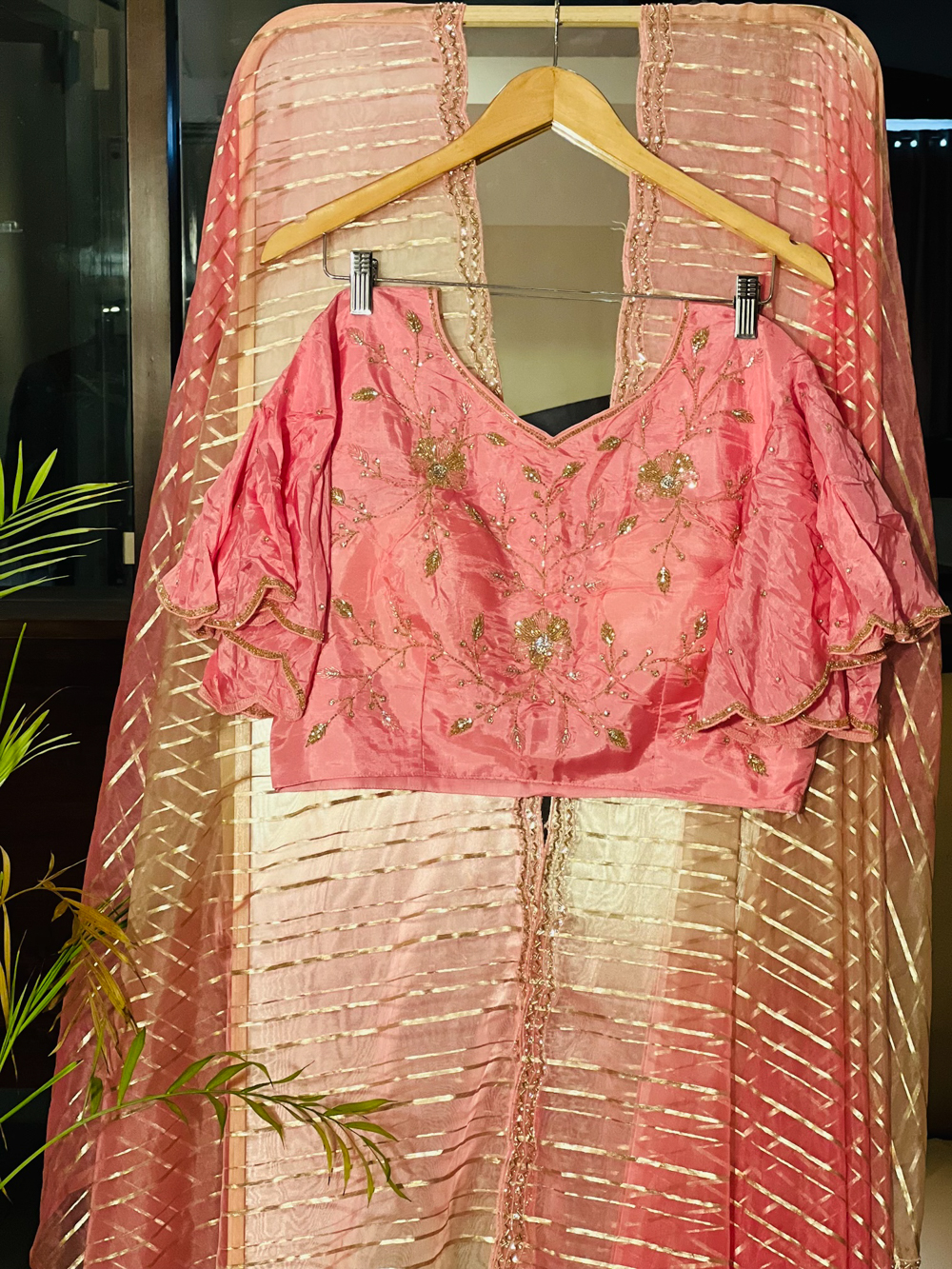 House of Hariya: Chic Cutdana Ruffle Blouse & Pink Saree