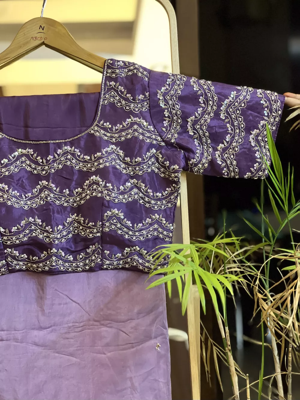 Cutdana work blouse with ombre shade violet saree